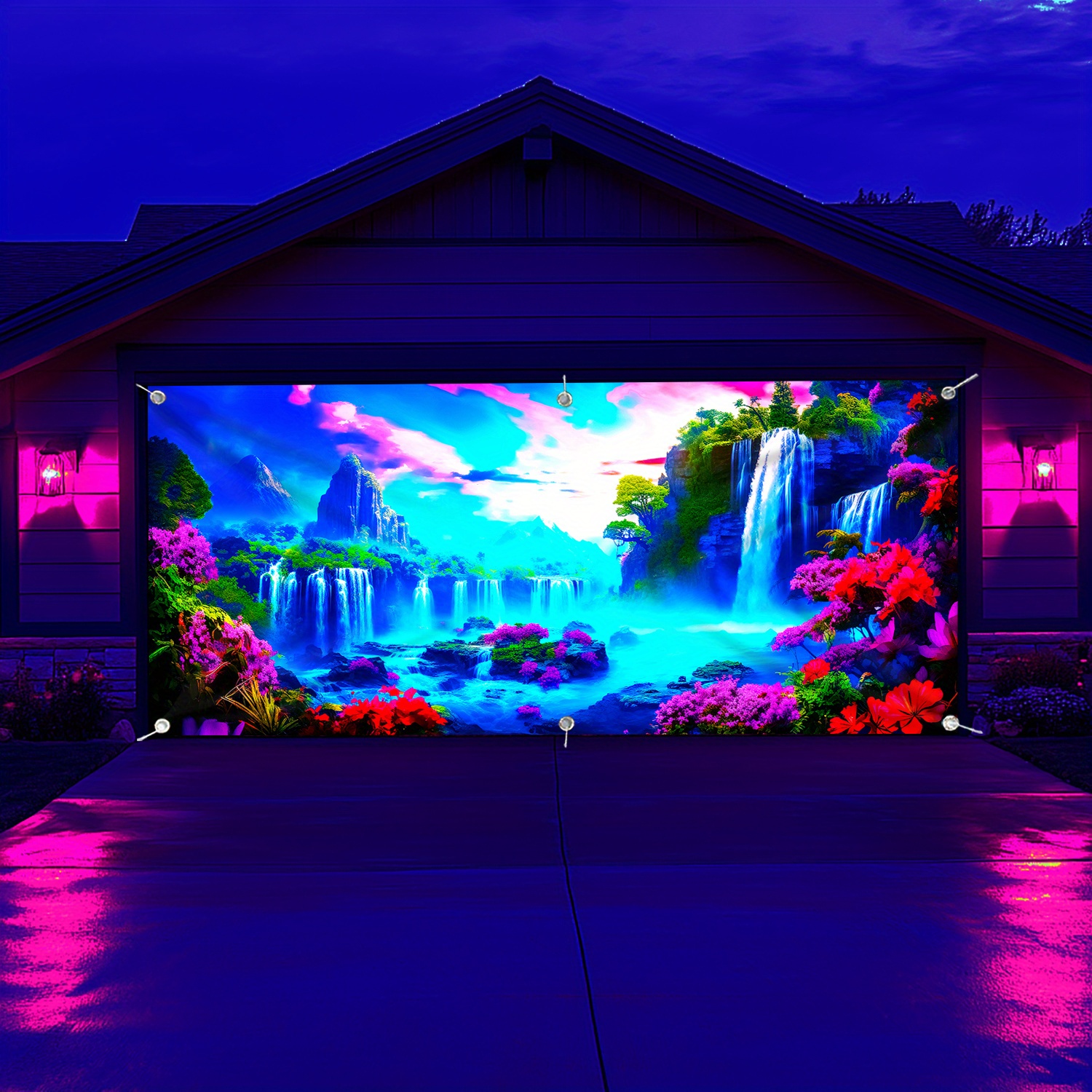 [1pc UV Floral Banner] 1pc Large UV-Activated Floral Waterfall Garage Door Banner | Fluorescent Fabric Wall Decor with Vibrant Nature & Landscape Design | No Power Needed for Parties, Photography Studios, Outdoor Events, Parties Decorations, Party Decoration, Outdoor Festive Decor, Uv Light Display