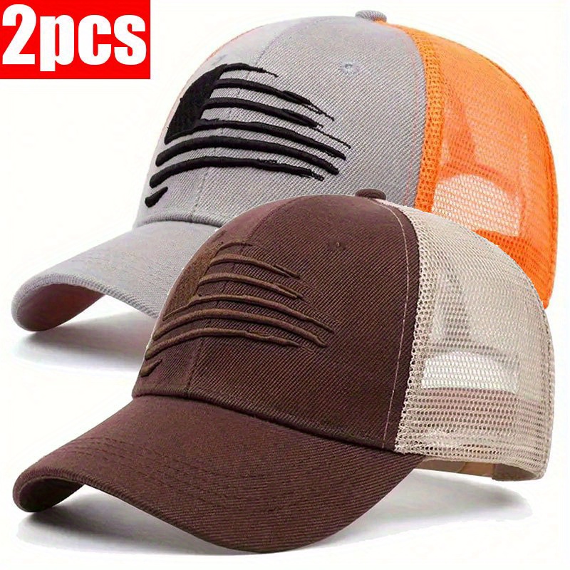 TEMU 2pcs Men's Outdoor Baseball Caps With American Flag Embroidery - Breathable Mesh Trucker Hats In Gray, Green, Brown, & Orange For Golf, Fishing, Hiking, Travel,