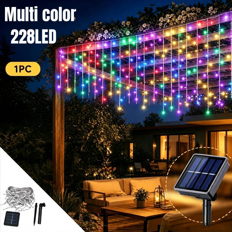 TEMU Solar Outdoor Icicle Lights-228/162/96 Leds, Ip44 Rating, 8 , Curtain-style Fairy Lights, Solar-powered Automatic Outdoor Lights With Memory