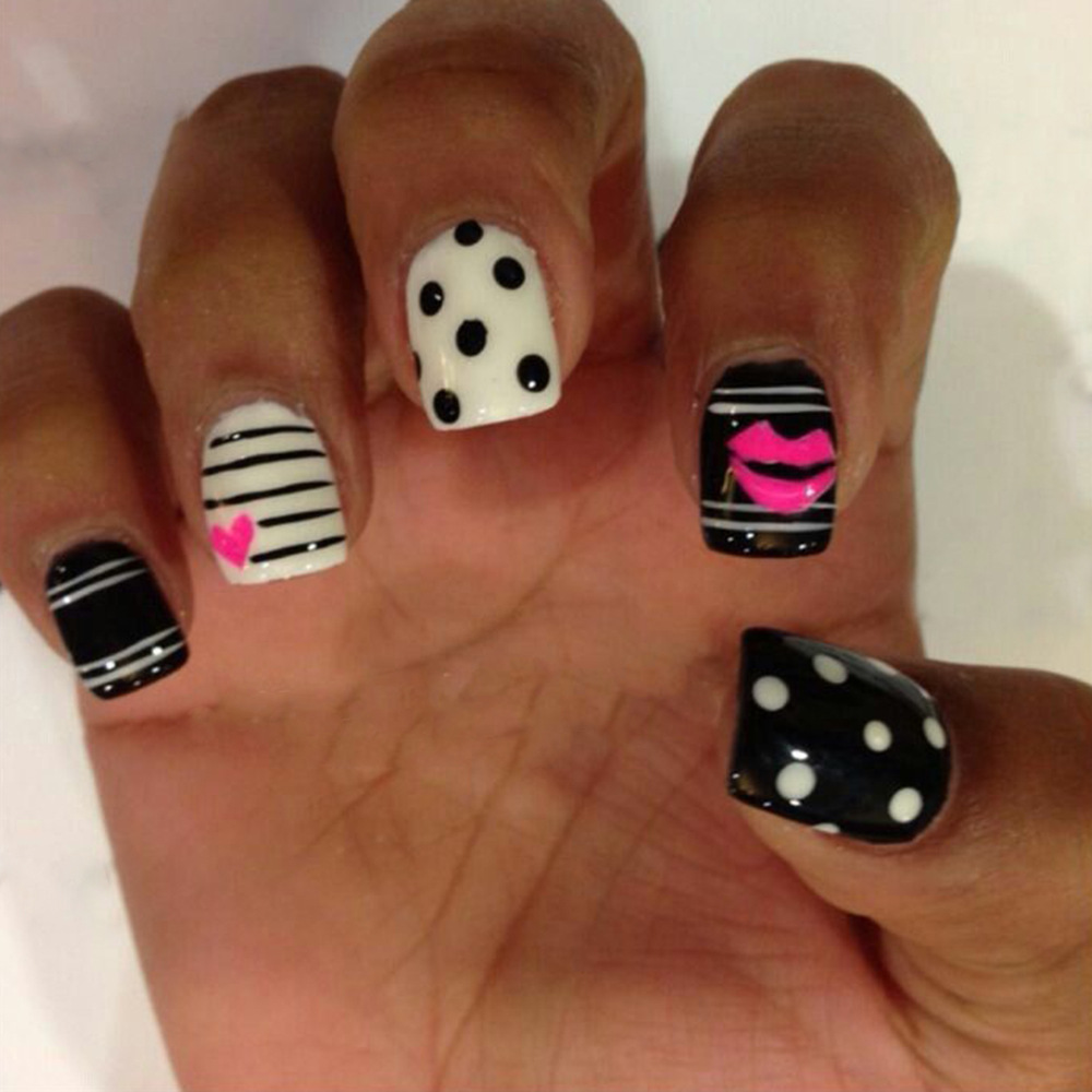TEMU 48pcs Valentines Themed Handmade Short Square Shape Stripe Polka Dot Lip Heart Press On Nails Artisan Glossy Fake Nails Color Combo Lip Heart