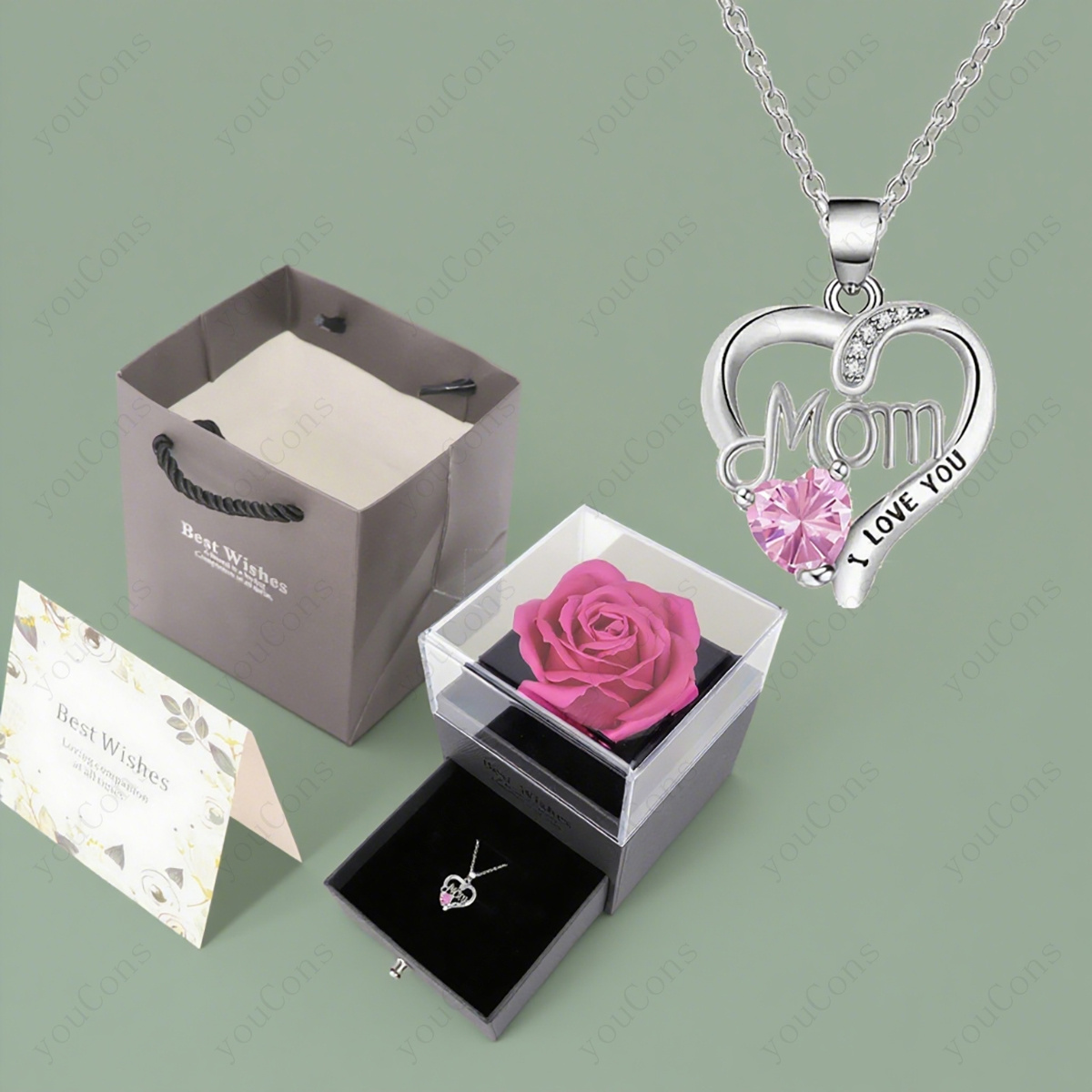 E-shop Eine luxuriöse, rosa Halskette aus synthetischem Zirkonia mit einem herzförmigen Anhänger mit dem "Mom", begleitet von einer perlmuttrosa