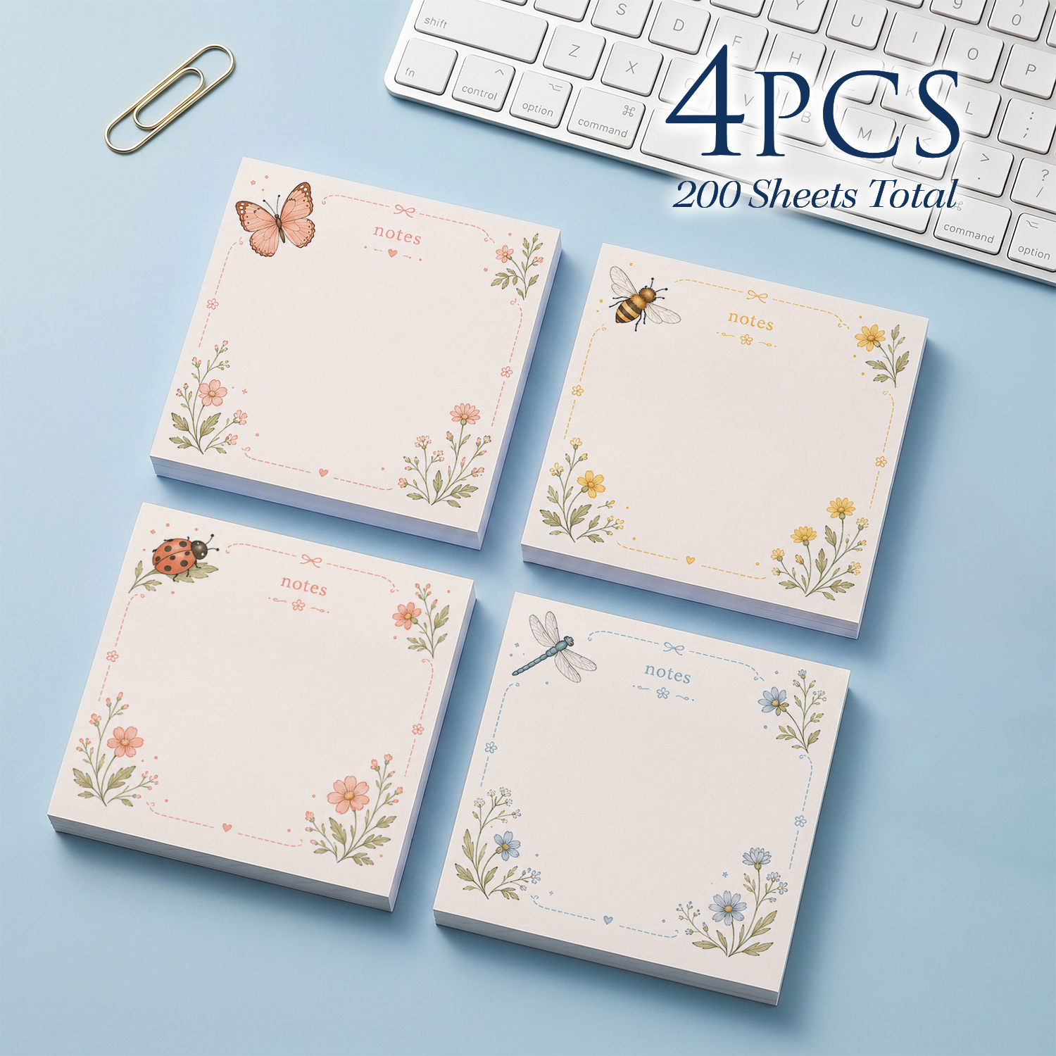 TEMU 4pcs Floral Insect Sticky Notes Suitable For Planner, Removable Self-stick Adhesive Memo Pads With Bee, Ladybug, Dragonfly & Botanical Designs -