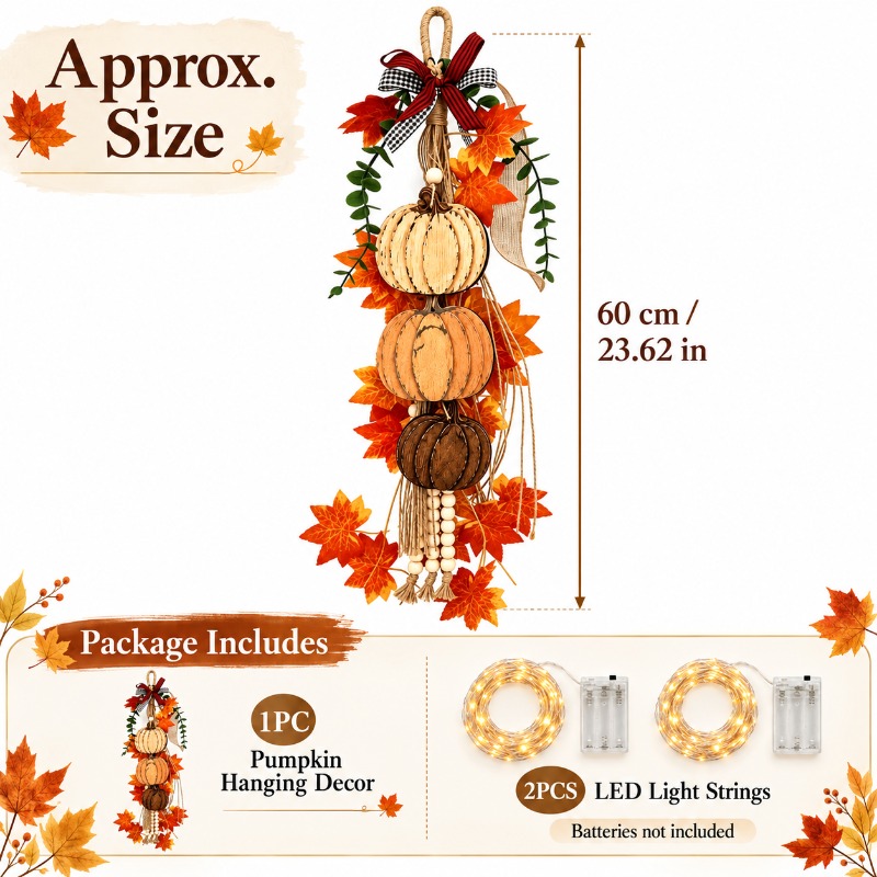 TEMU 3pcs Luminous Pumpkin Pendant Set, Including 1 Pendant And 2 Led Light Strings, Rustic White Hanging Pumpkin Decoration - Weathered Wooden