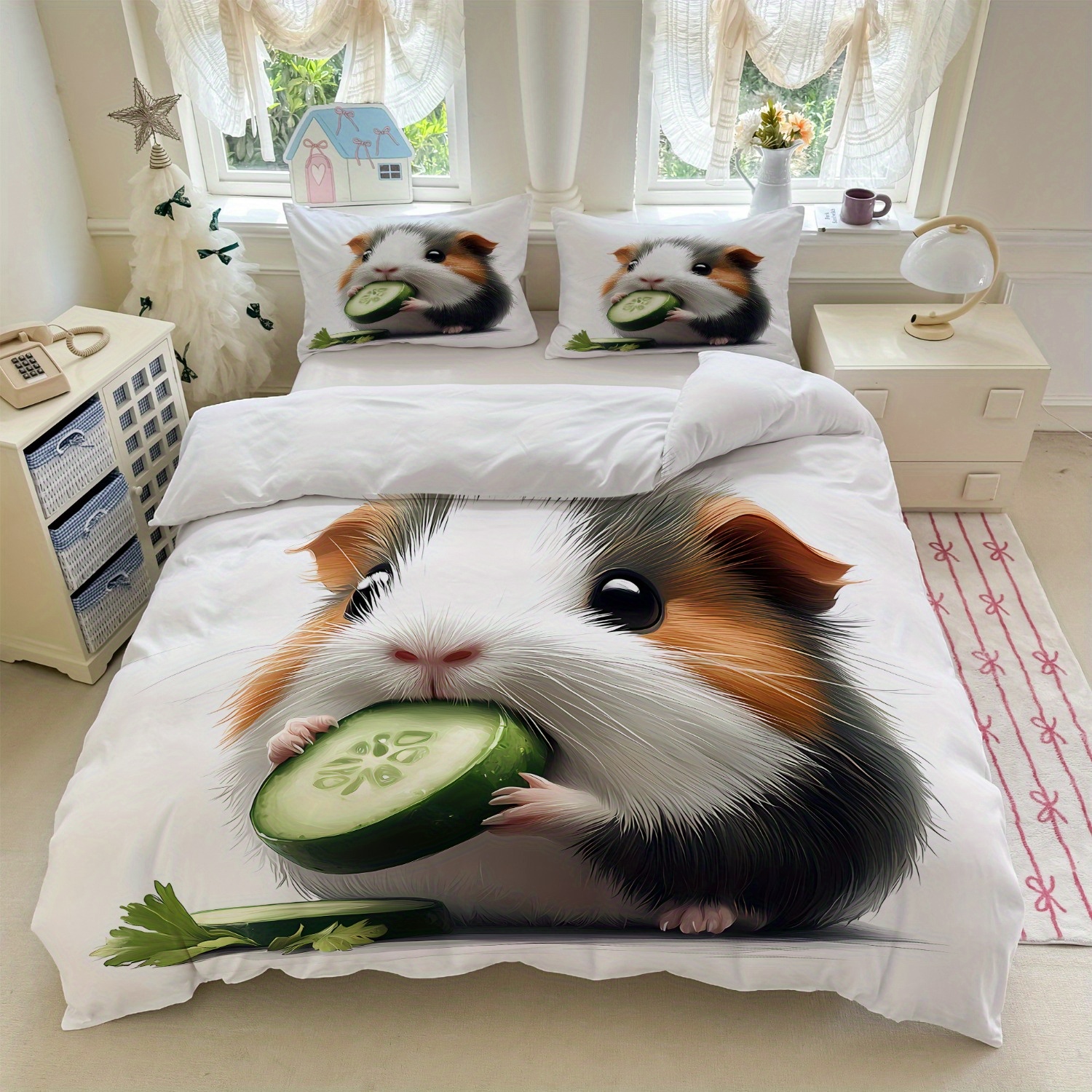 TEMU 3pcs Guinea Pig Bedding Set White With Cute Guinea Pig Eating Cucumber Print (1duvet Cover   2pillowcase, Without Core) For Bedroom