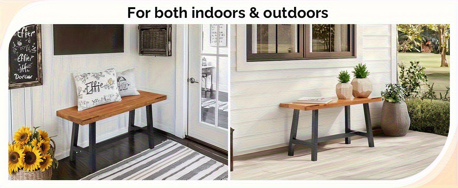 Outdoor Bench Measuring 63 Inches by 58 Inches, Featuring Metal Legs And a Rustic Wooden Design, Suitable for Both Indoor And Outdoor Dining on Porches Or Patios