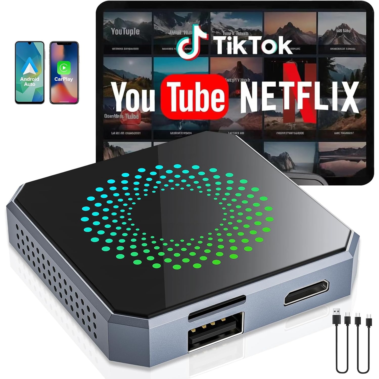 imagen del artículo adaptador 5 en 1 sin varillas para carplay y   auto compatible con   hdtv 4k, duplicado de pantalla,   inteligente   con   de audio/video,   para vehículos, tabletas, instalación original con cable de carplay/auto