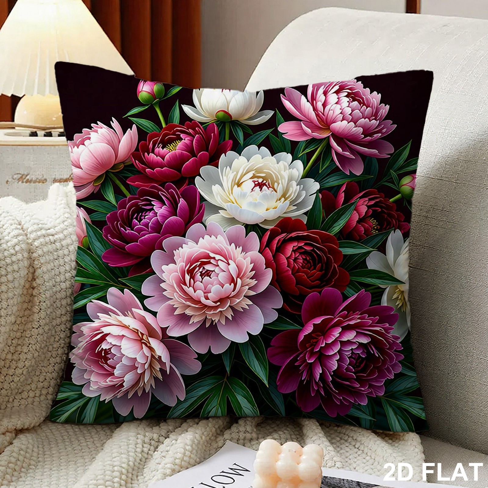 Funda de cojín con estampado floral de peonías vibrantes en plena floración, diseño de patrón de un solo lado, múltiples especificaciones disponibles, funda de almohada decorativa perfecta para sofá, dormitorio, sala de estar y uso diario en el hogar