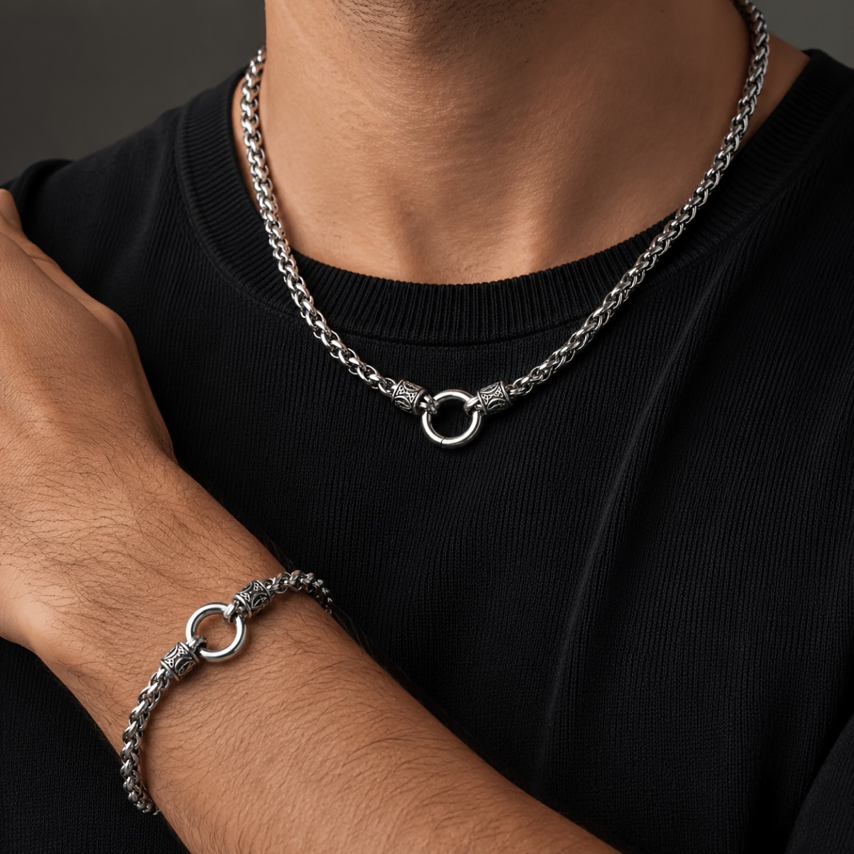 TEMU 2pcs 304 304 Stainless Bone Necklace And Dragon Bone Bracelet 304 304 Stainless Steel Trendy Jewelry Set. Current Trendy New Product. Suitable