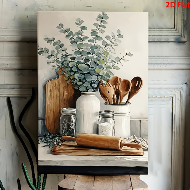 TEMU 2d Flat, 2d Flat, 1pc Solid Wood Framed Canvas Painting - Farmhouse Kitchen Still Eucalyptus Leaves, & Spoon - Beige, White, Brown Rustic Wall