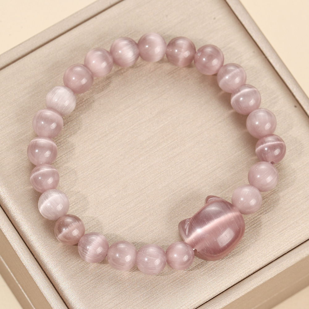 TEMU 1 bracelet élastique à perles de 19 cm pour femmes, bracelet violet œil de chat rond et lisse avec un joli breloque tête de chat sculptée,