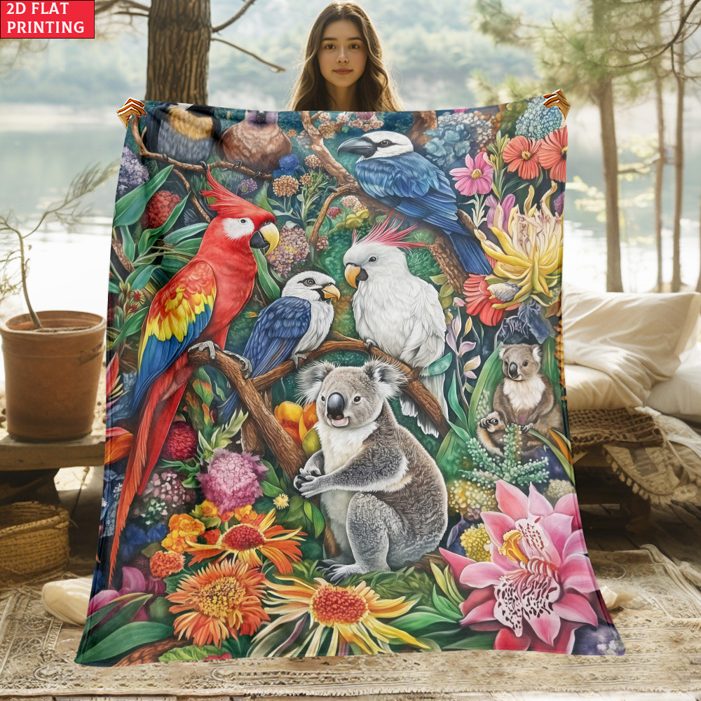 TEMU 2d Flat 1pc Birds And Flowers Outdoor Portable Blanket-lightweight Home Furnishings Bedding Blanket Suitable For Travel Camping Living Rooms