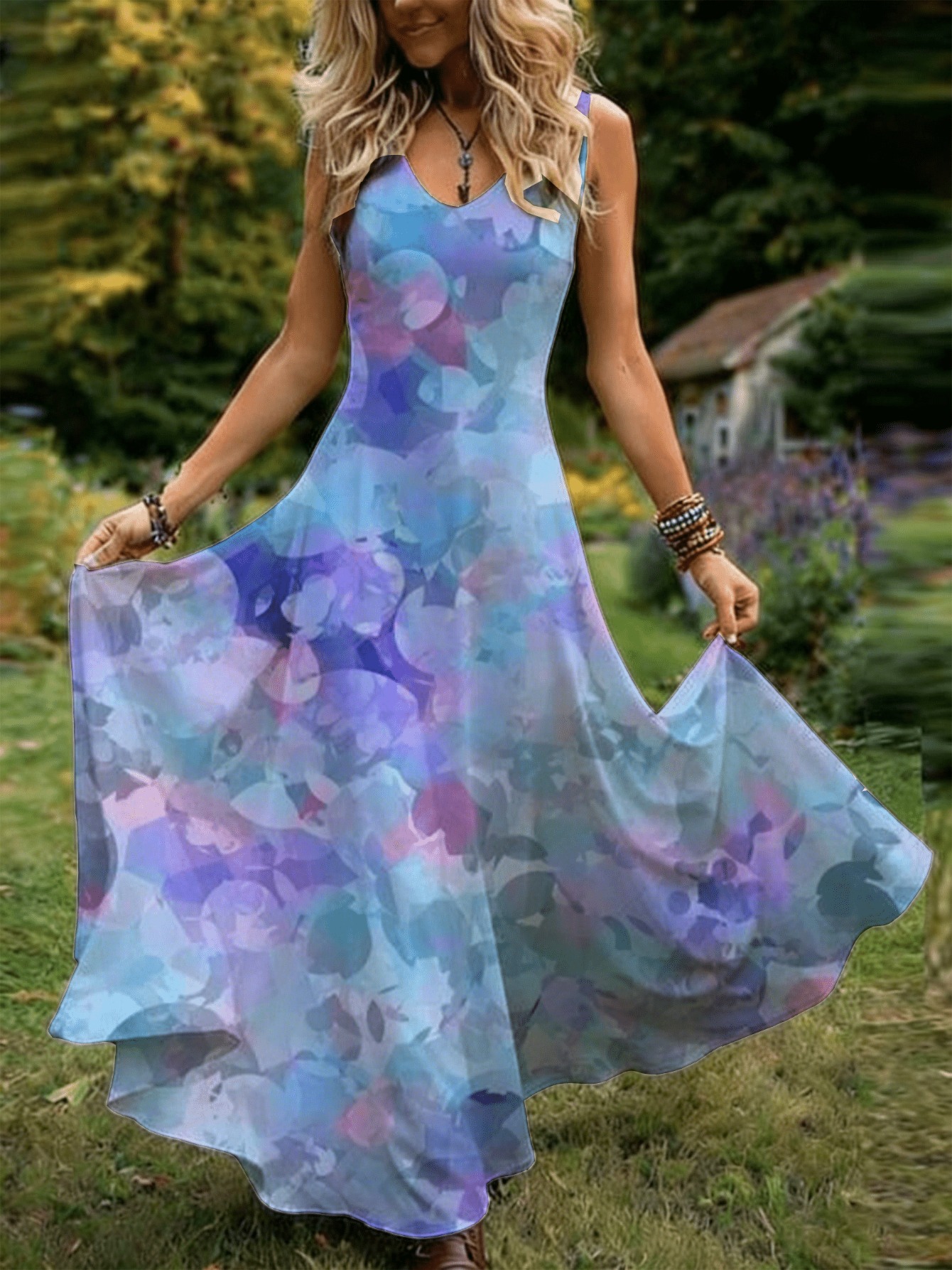 navy blue dress for baby girl Easter Women's Midi Dress A Line Dress Elegant Vacation Casual Regular Fit Floral Graphic Short Sleeve V Neck Blue Purple Green Beige Summer Spring main image 1