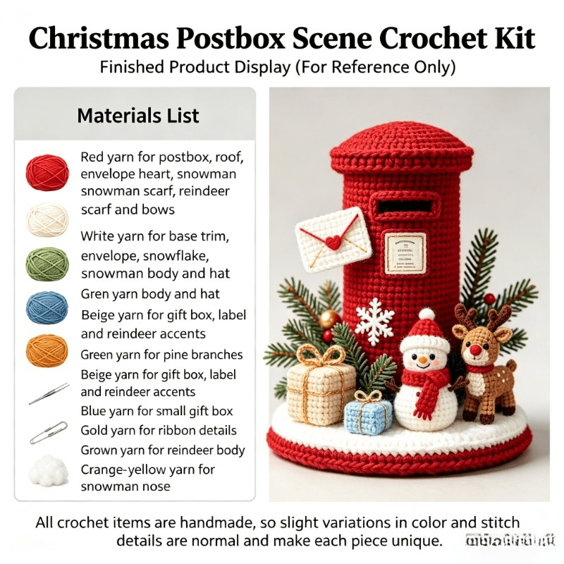 Image of Christmas Mailbox Shape, With Envelope, Gift Box, Snowman And Reindeer Material Bag, Beginner Hand Crochet Material Bag With Full Set Of Yarn And Tutorial, English Instructions