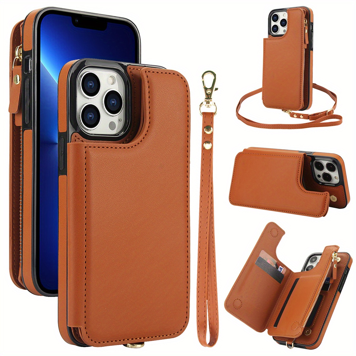 Wallet Case for iPhone 16/ 15/ 14/ 13/ 12/ 11 Pro Max 16 Plus/ 15 Plus/ 14 Plus/ 13 Mini/ 12 Mini/ 7/ 8/ SE 2020/ SE 2022 with Card Slot Holder, Magnetic Flip Folio Purse Case, Zipper Handbag with Detachable Lanyard Strap