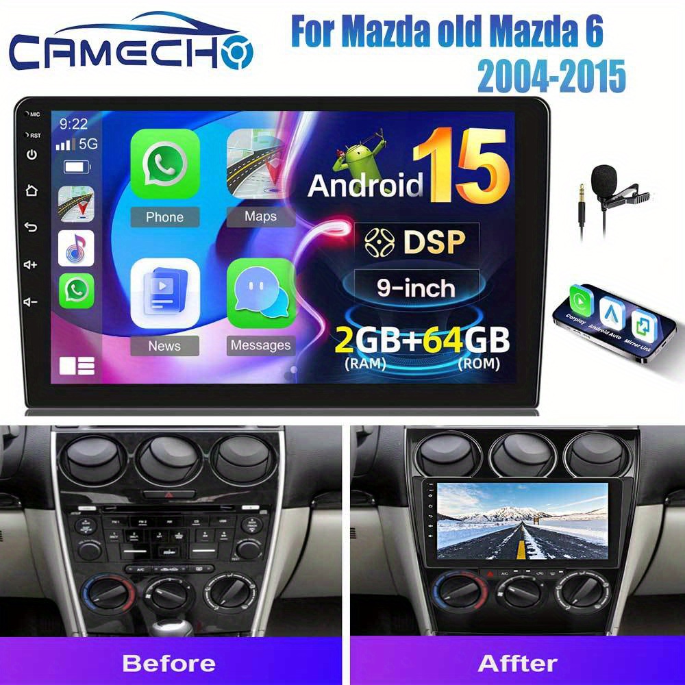 Image of Camecho For 15.0 Dsp Car Stereo Radio For Old For 6 2004-2015 With For Auto , [2g+64g] 9 Inch Hd Ips Touch Screen Build-in Gps B/ T Car Radio Wifi Ahd Backup Camera Mic