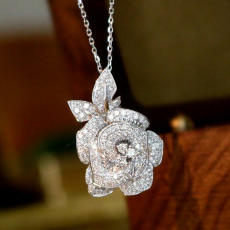 TEMU Collier de fleur de luxe en micro pavée pour femmes, collier de pendentif de rose pour banquet , mariage, cadeau d'anniversaire de bijoux