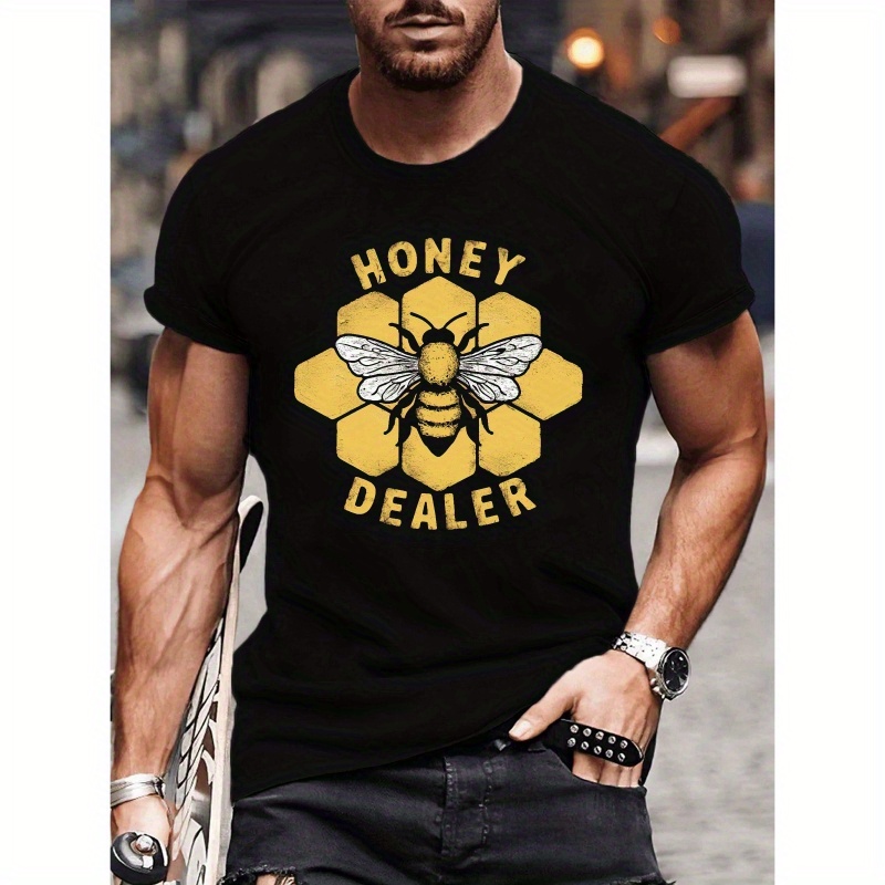 

Honeycomb Honey Bee Illustration Print Tee Shirt, Tees For Men, Casual Short Sleeve T-shirt For Summer