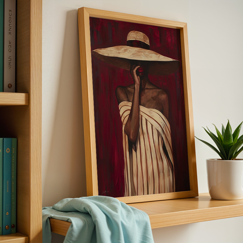 TEMU Art mural 2D plat, affiches de femme avec chapeau à larges bords et robe à rayures, sur toile, silhouette , décoration murale, impression sur