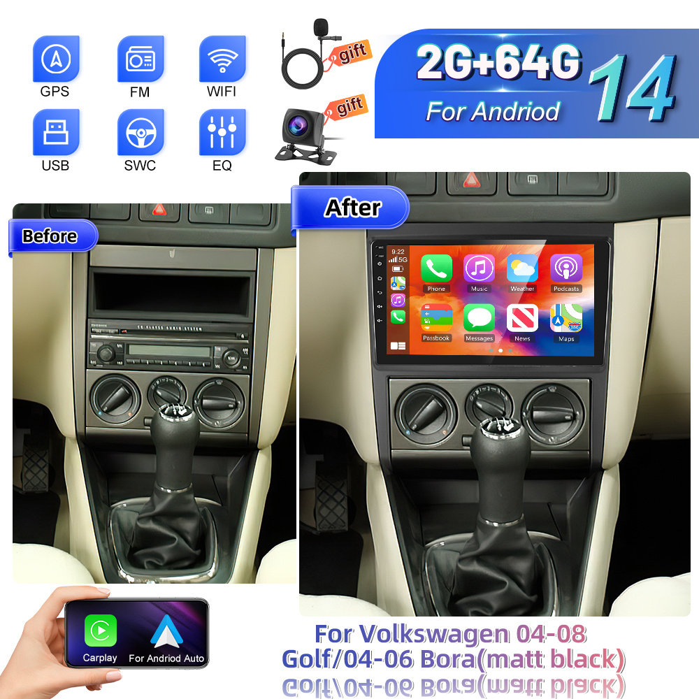Image of For Golf 04-08 & Bora 04-06 14 Car Stereo With & Auto, 9" Touchscreen, Wifi, Ahd Rear View Camera, Steering Wheel, Fm/rds Radio, Wireless, Dsp - Compatible With (2+64gb)