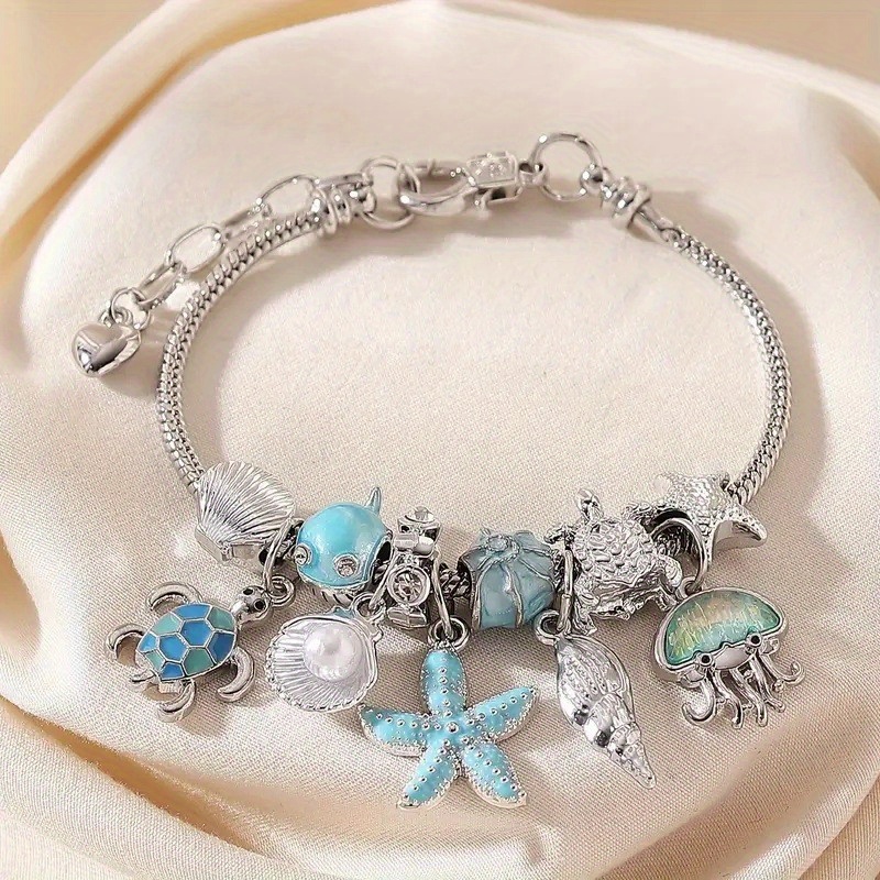 TEMU Bohemian Style Bracelet. Ocean-themed Cartoon, Cute, Fashionable, Light Luxury, Hand-beaded, Rhinestone, Seashell, And Sea Turtle Jewelry