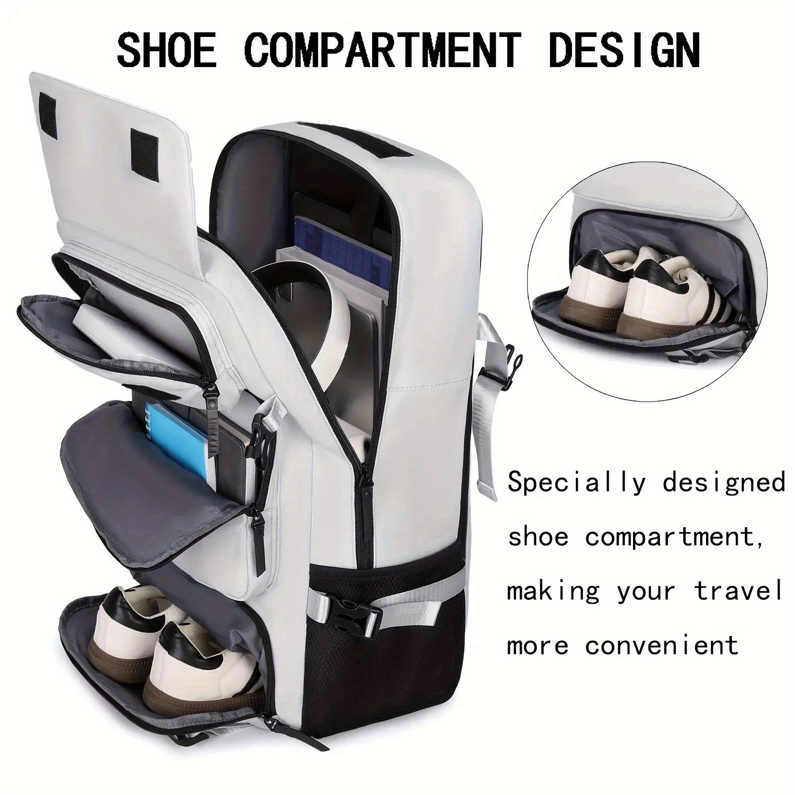 Sac à Dos Homme Grande Capacité avec Compartiment Chaussures & Poche pour Ordinateur Portable 43,94 cm - Polyester Résistant, Bretelles Rembourrées Réglables, Poches Zippées Multiples, Sac à Dos Élégant Blanc pour Voyage, Travail et École - Design Moderne