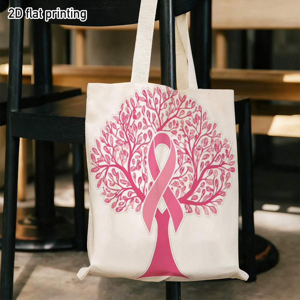 TEMU Sac fourre-tout réutilisable à imprimé plat 1pc, élégant, rose, avec arbre et ruban de sensibilisation, imprimés duplex, arbre rose et ruban de