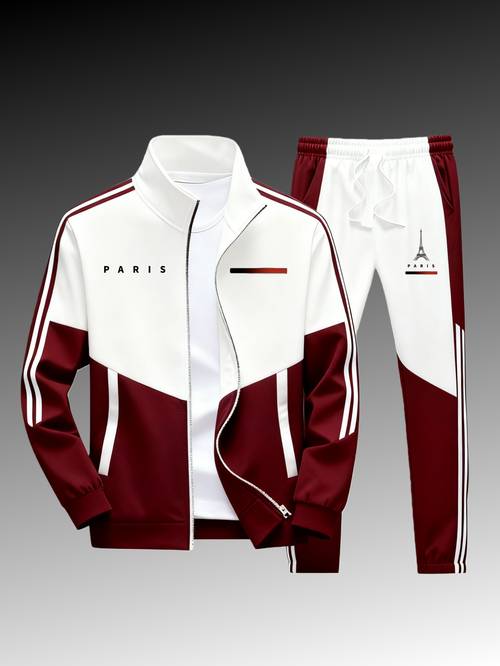 two piece set mens casual sports jacket and sweatpants printed with paris logo unisex sportswear set in multiple colors