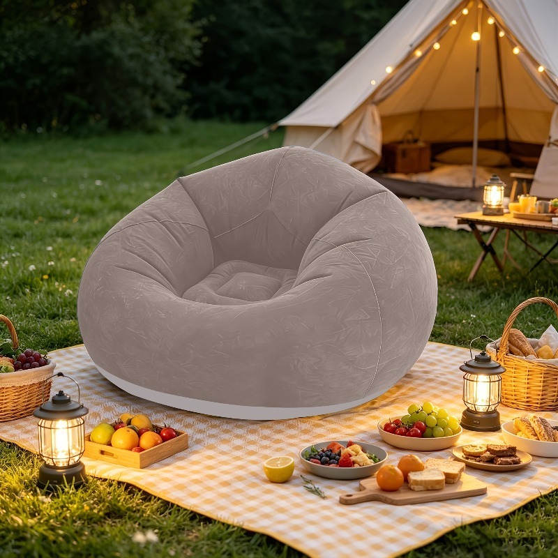 TEMU 1pc Extra-large Inflatable Lazy Flocked Sofa Chair, Gray Pvc Material, Portable And Foldable, , Suitable For , , Living Room, Balcony, Outdoor