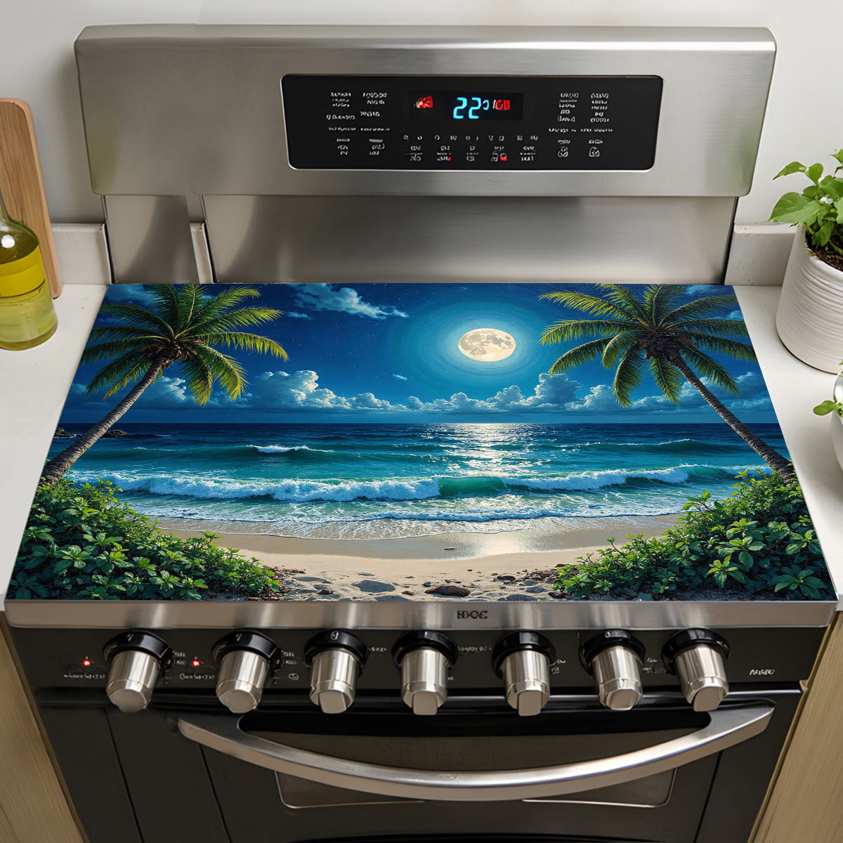 TEMU 1pc, Couvercle de plaque de cuisson électrique de plage sous Couvercle de plaque de cuisson Art Protecteur Décoratif Tapis Verre Couvercle de