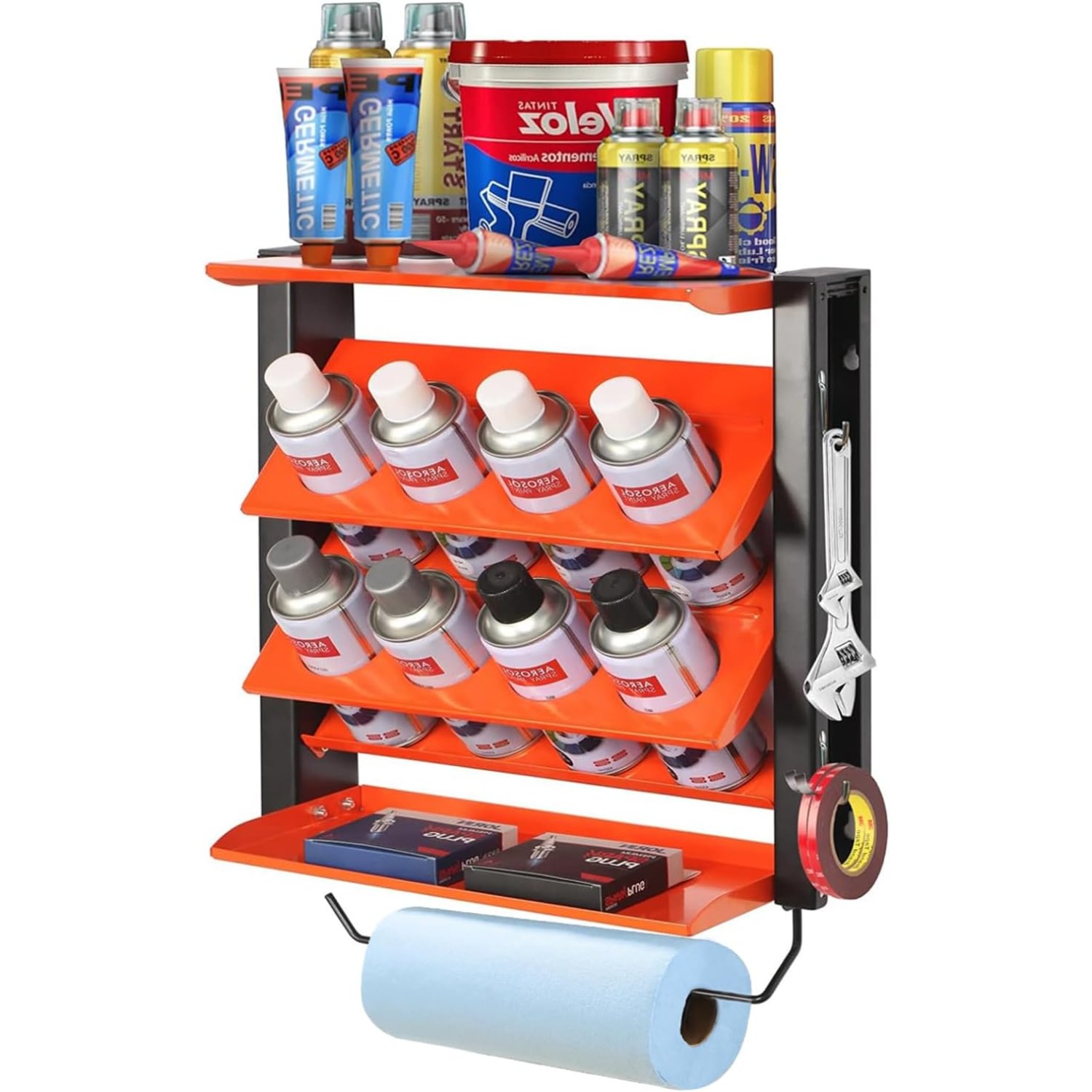 TEMU Organisateur mural pour aérosols avec porte-essuie-tout, support mural de garage pour bouteilles de peinture et bidons de lubrifiant, étagère de