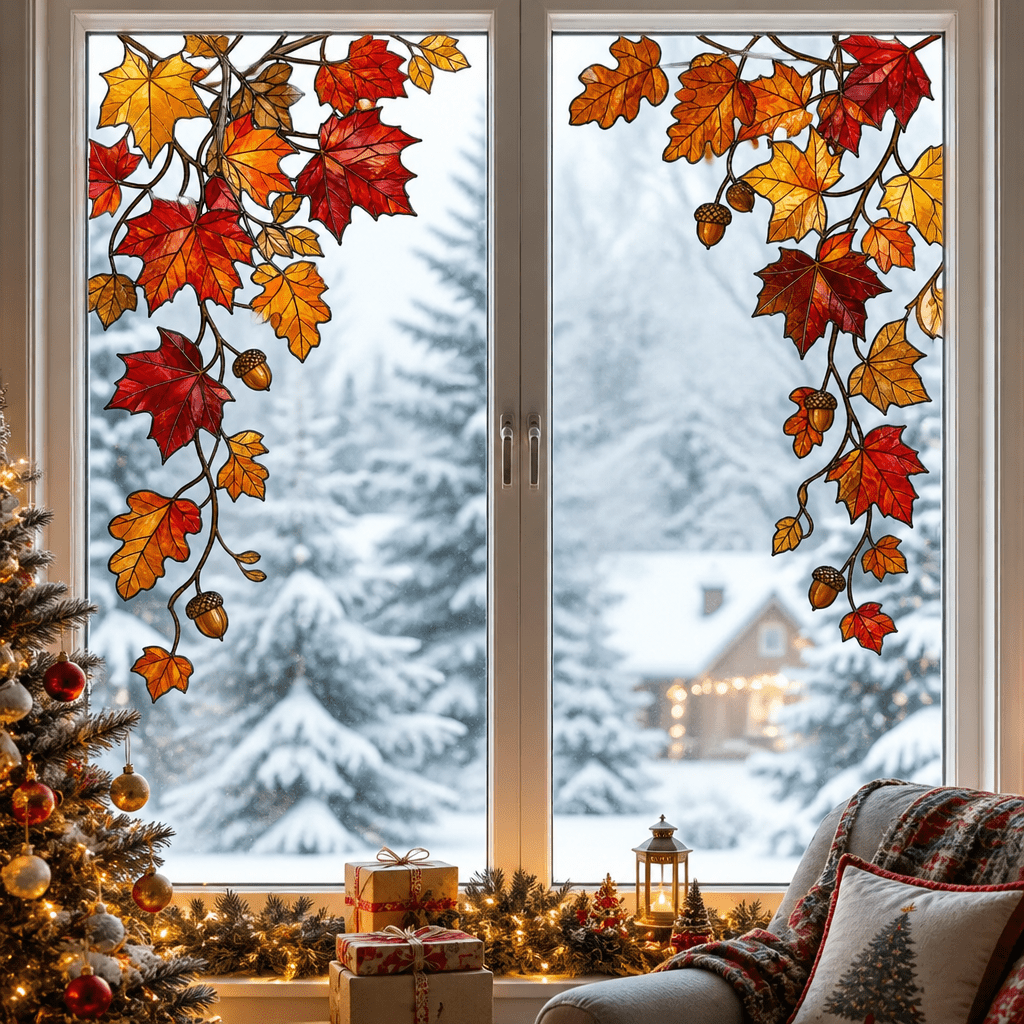 TEMU 1pc Stained Autumn Maple Leaf Corner Static Window Cling, Branch Decal, Reusable Adhesive-free Glass Sticker, For Fall Thanksgiving Home Double-