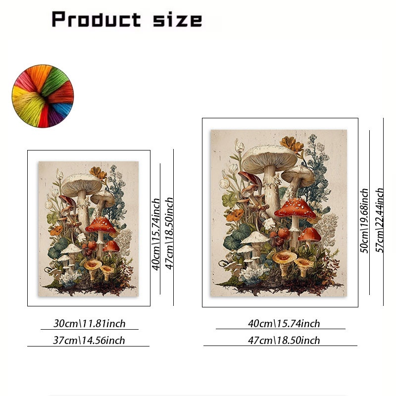 TEMU 2d Printed Cross Stitch Kit, Vintage Mushroom And Flower Botanical Design, Polyester Thread, Multiple Specifications Available, Rich Natural