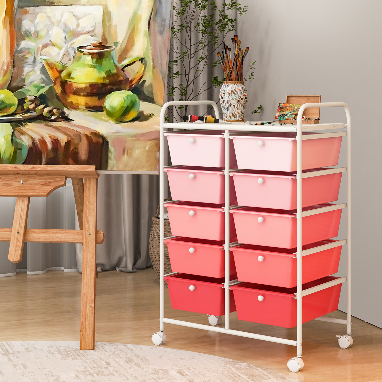   10 drawer rolling storage cart with lockable wheels 360 swivel casters heavy duty plastic mobile organizer with 10   drawers pink gradient design for home   space saving movable utility cart for crafts plastic storage drawer office organization and storage rolling cart storage with wheel rolling cart with wheel on drawer organizer and storage drawer rolling cart rolling drawer cart storage drawer on wheel art storage and organization