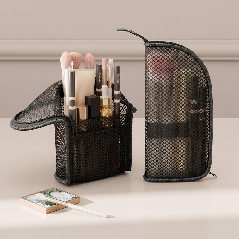 TEMU 1pc Mesh Makeup Brush Organizer Pouch, Foldable Cosmetic Brush Storage Bag, Transparent Zipper Travel Makeup Bag, Portable High Quality Toiletry