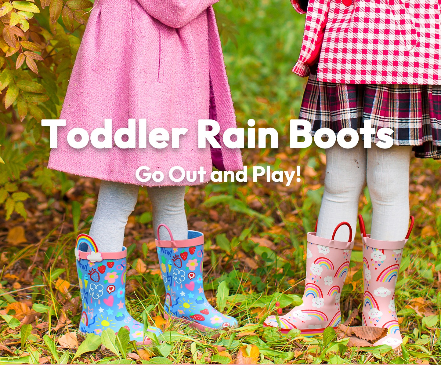 Children wearing colorful rain boots with pull-up handles outdoors