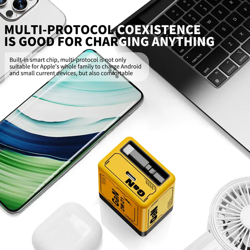 fast charger 120w high speed usb c foldable travel charger with 2 cables dual port fast charger universal for iphone samsung air yellow Product details 0