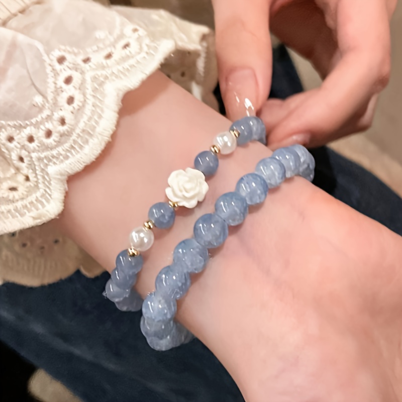 TEMU Women's Bohemian Natural Aquamarine Camellia & Bracelet - Suitable For Daily Wear, Vacation Gift, Elegant Camellia Flower Accessory With