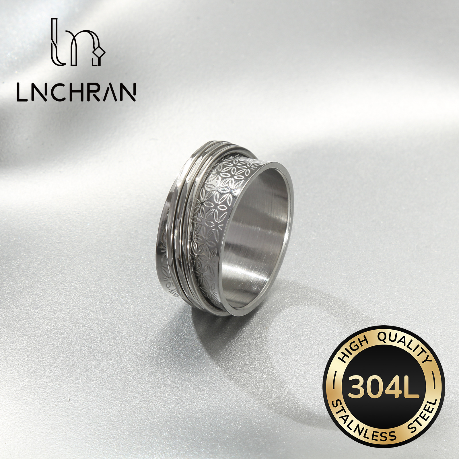 304l Stainless Steel Flower Of Life Spinner Fidget Ring Silvery Minimalist Retro Style For Men And Women Versatile Daily Jewelry Couplering