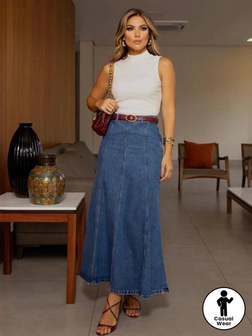 high waisted long denim skirt low stretch a line silhouette commuting friendly elegant versatile and figure flattering
