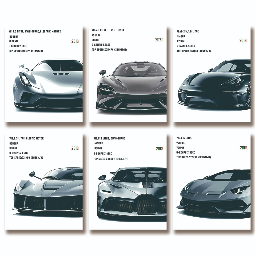 

Print Painting 6pcs Supercar Poster Set, Wall Decoration For Car Enthusiasts, Suitable For Living Rooms, Offices, And Living Room Decor