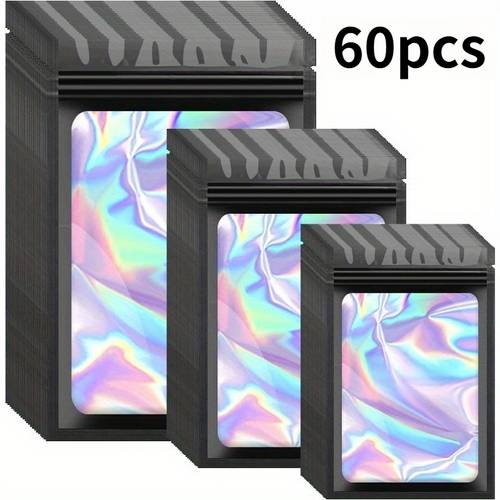 60pcs pack 60pcs holographic clear window sealable bags with snap lids 3 sizes odor proof foil pouches suitable for lipstick jewelry eyelash packaging small business supplies resealable for travel storage