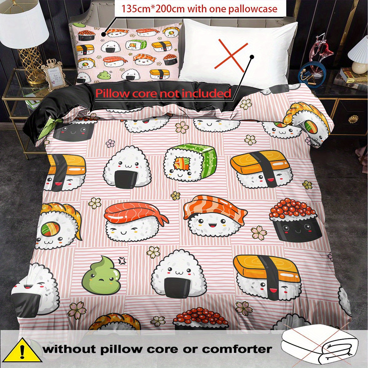 E-shop 2/3-teiliges Süßes Sushi-Roll-Muster Bettwäsche-Set King Queen Stil, 2D Flachdruck, Maschinenwaschbar Polyesterfaser (inkl. 1 Bettbezug + 1/2