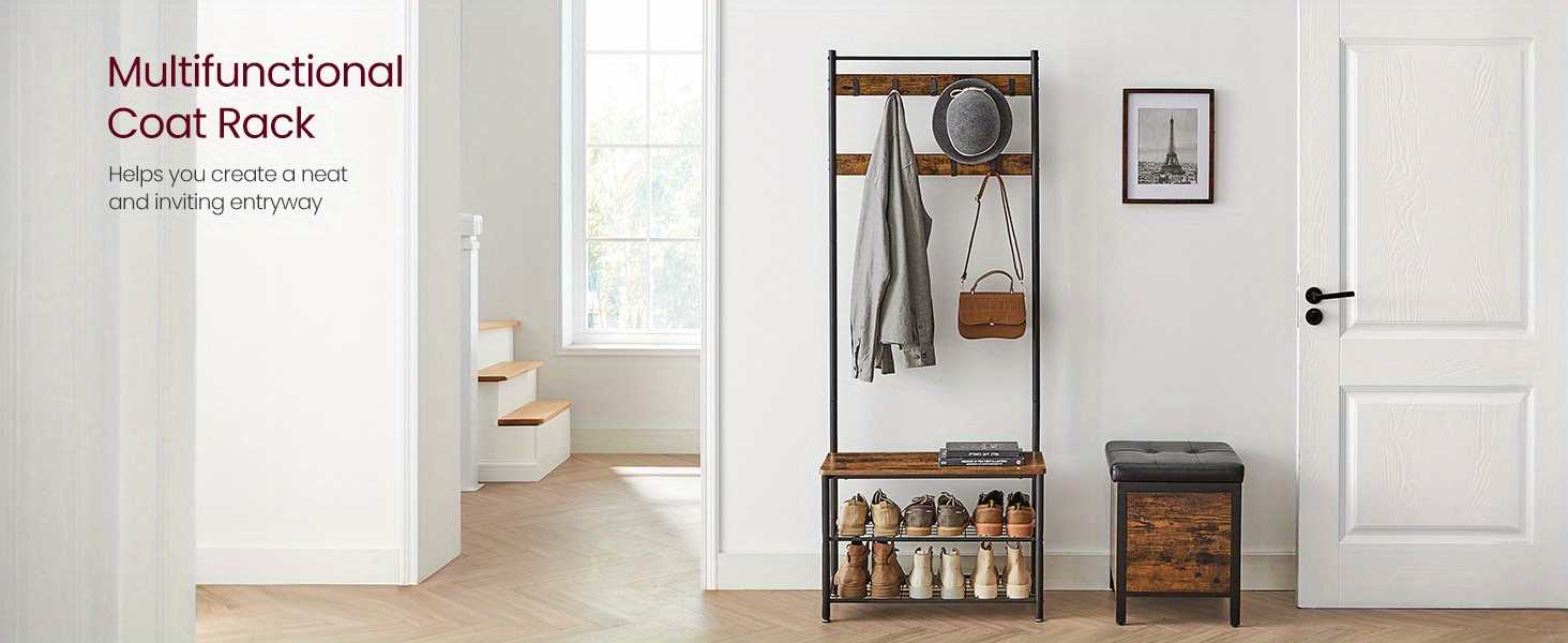 Industrial Steel Hall Tree with Shoe Storage Bench