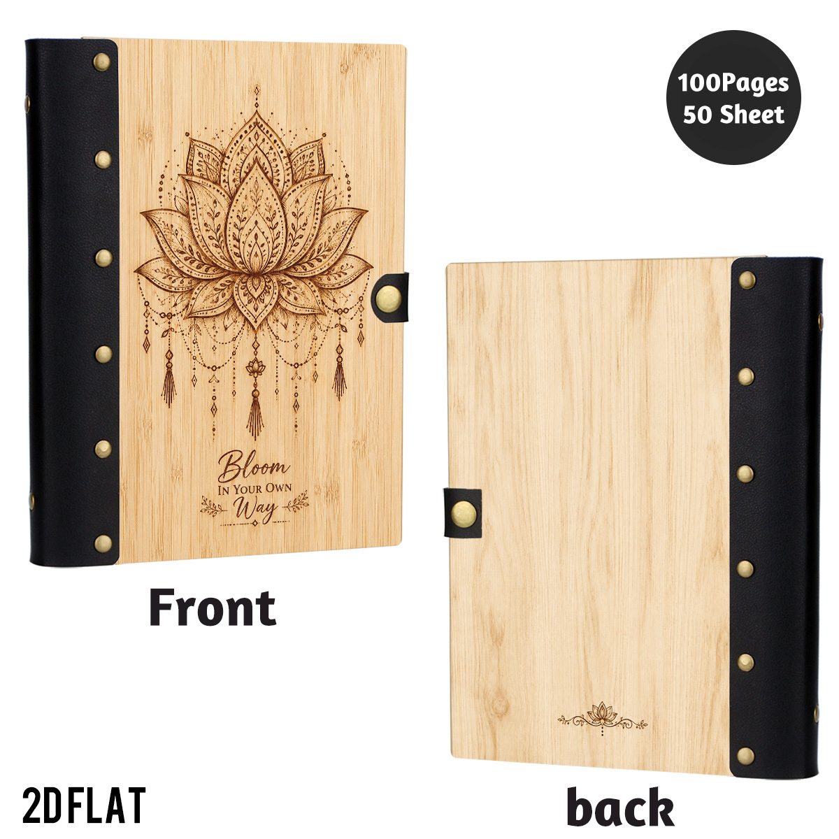 TEMU 1pc Wooden Hardcover Notebook, Bloom In Lotus Journal, Writing, Journaling, And Planning, Great For Office And Daily Use, Features Leather Rivet