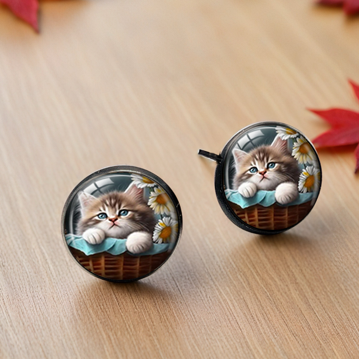 Muyoo Kitten & Daisy Glass Stud Earrings, Unisex