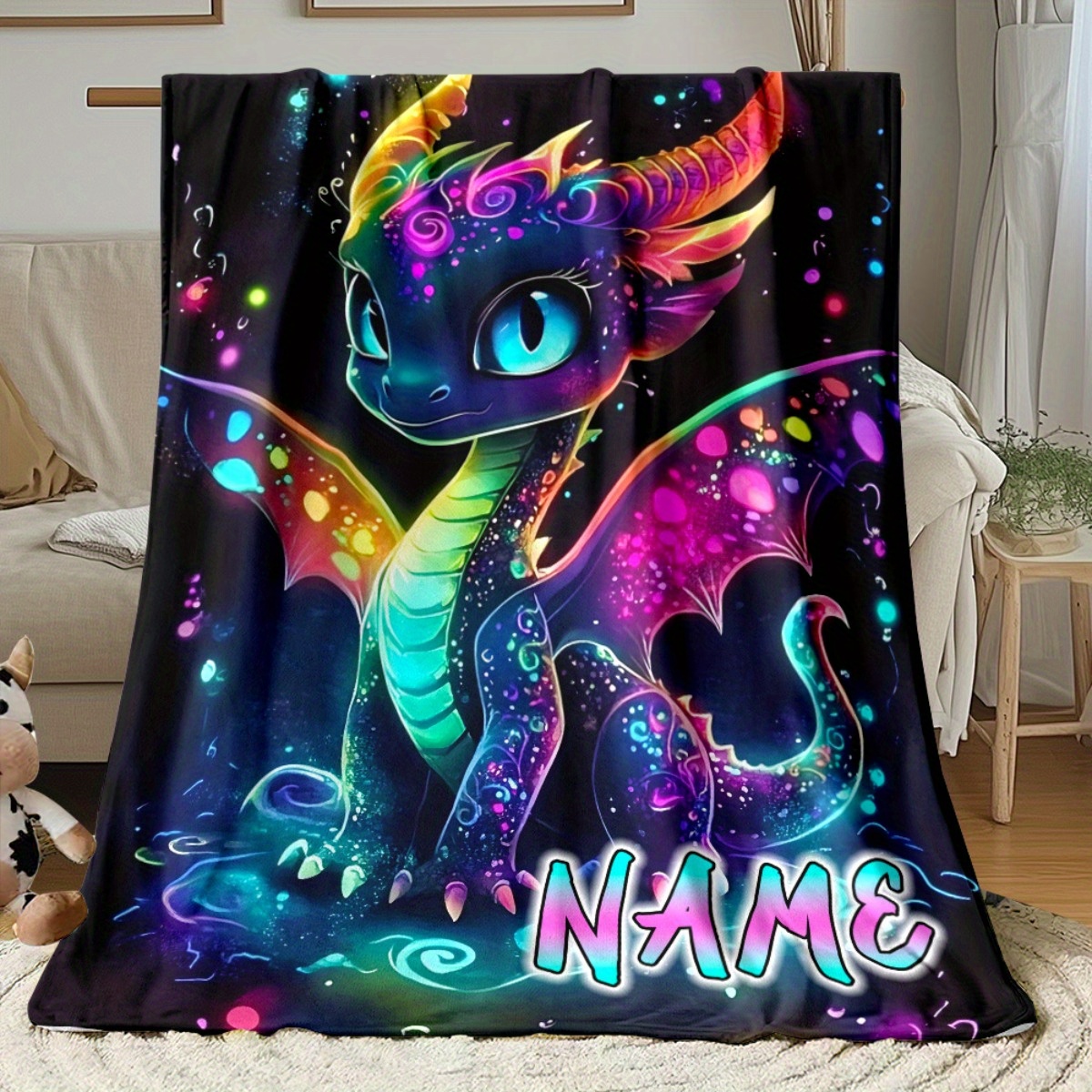 TEMU 1pc Couverture Portable Personnalisable avec Nom et Imprimé Dragon de Dessin Coloré - Plaid Léger en Flanelle pour Canapé, Voyage, Camping, Lit,