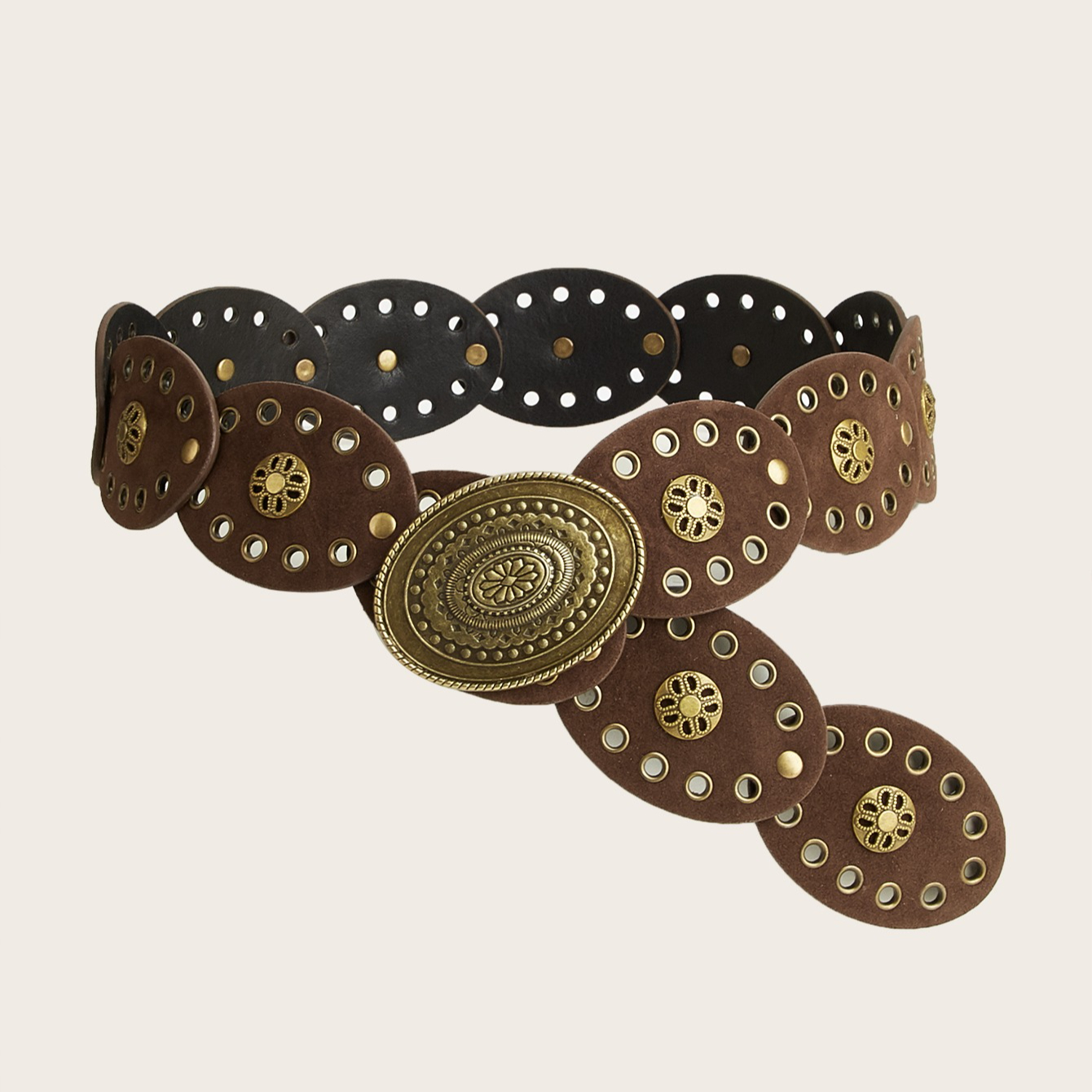 TEMU 1pc European And Bohemian Brown Heavy-duty Decorative Belt For Women, With Eyelets, Rivets, Flowers, And Embossed Large Buckles. Versatile For