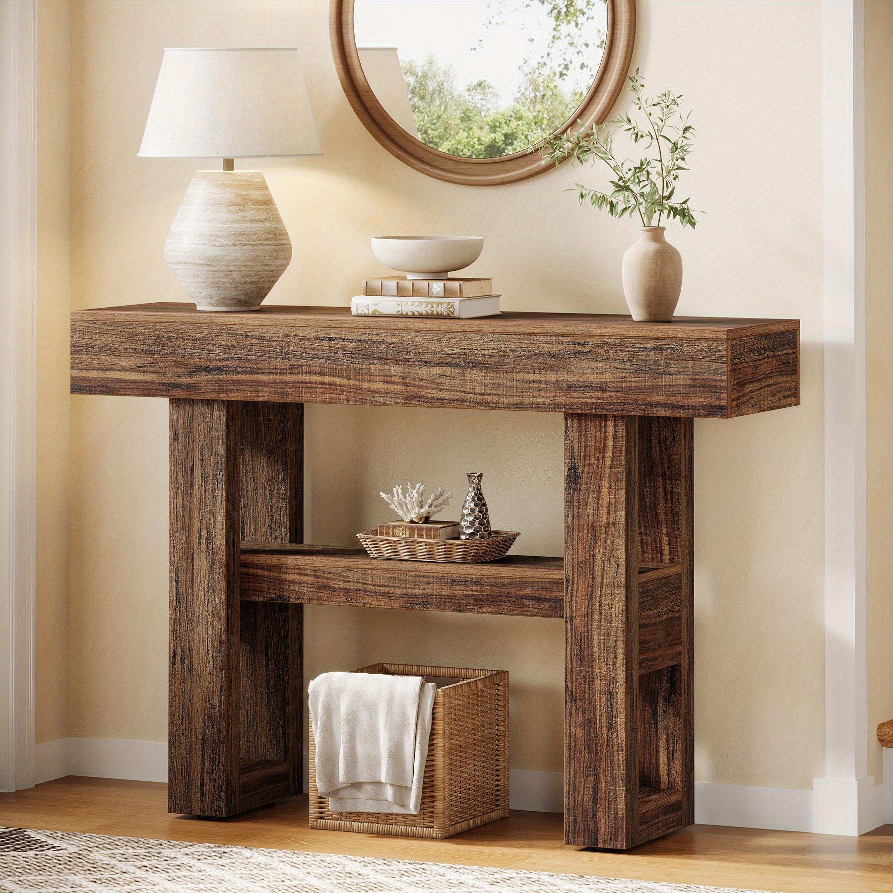 41.34-inch Console Table With Wood Top & Frame - Narrow Sofa Table Suitable For Behind Couch, Entryway Furniture, Hallway Table With Storage Shelves, Rustic Brown, For Living Room