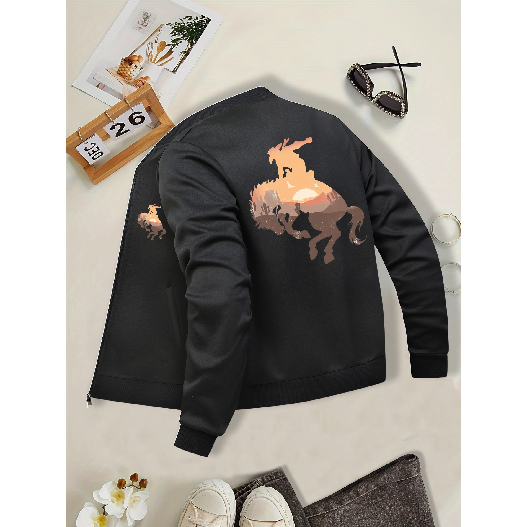 

Women's Western Cowboy Jacket - Black Zip-up Long Sleeve With Stand Collar, Horse Graphic Design, Fall And Winter Outfits, Casual Wear Jacket | Jacket | Polyester Fabric