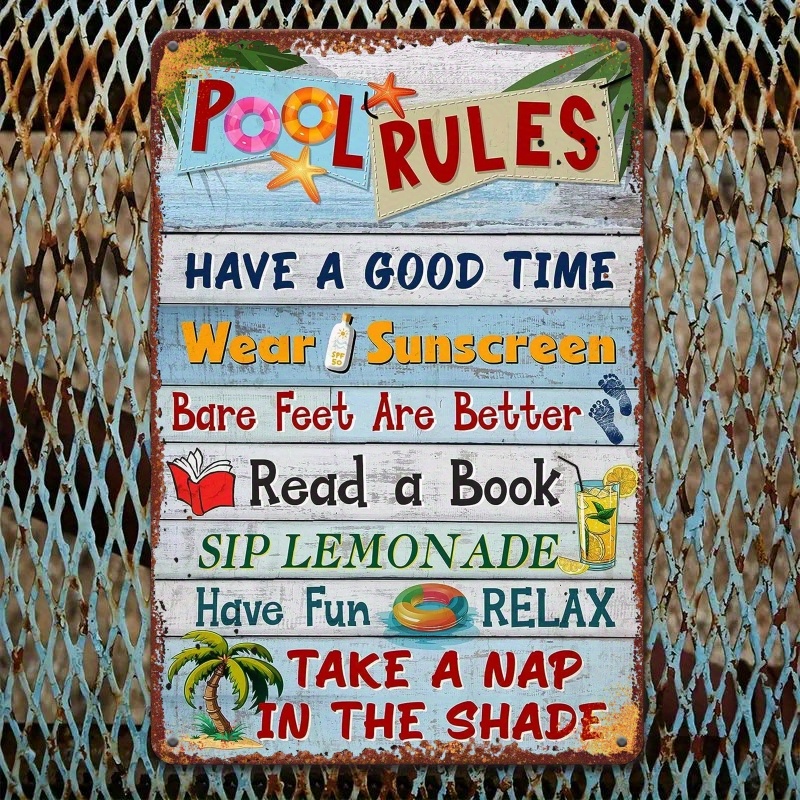 Image of Vintage Pool Rules Sign, , Vintage Metal Plaque Sign For Pond, Outdoor, Farmhouse, Home, Kitchen, Living Room, Pool, Iron Material, 8x12 Inches